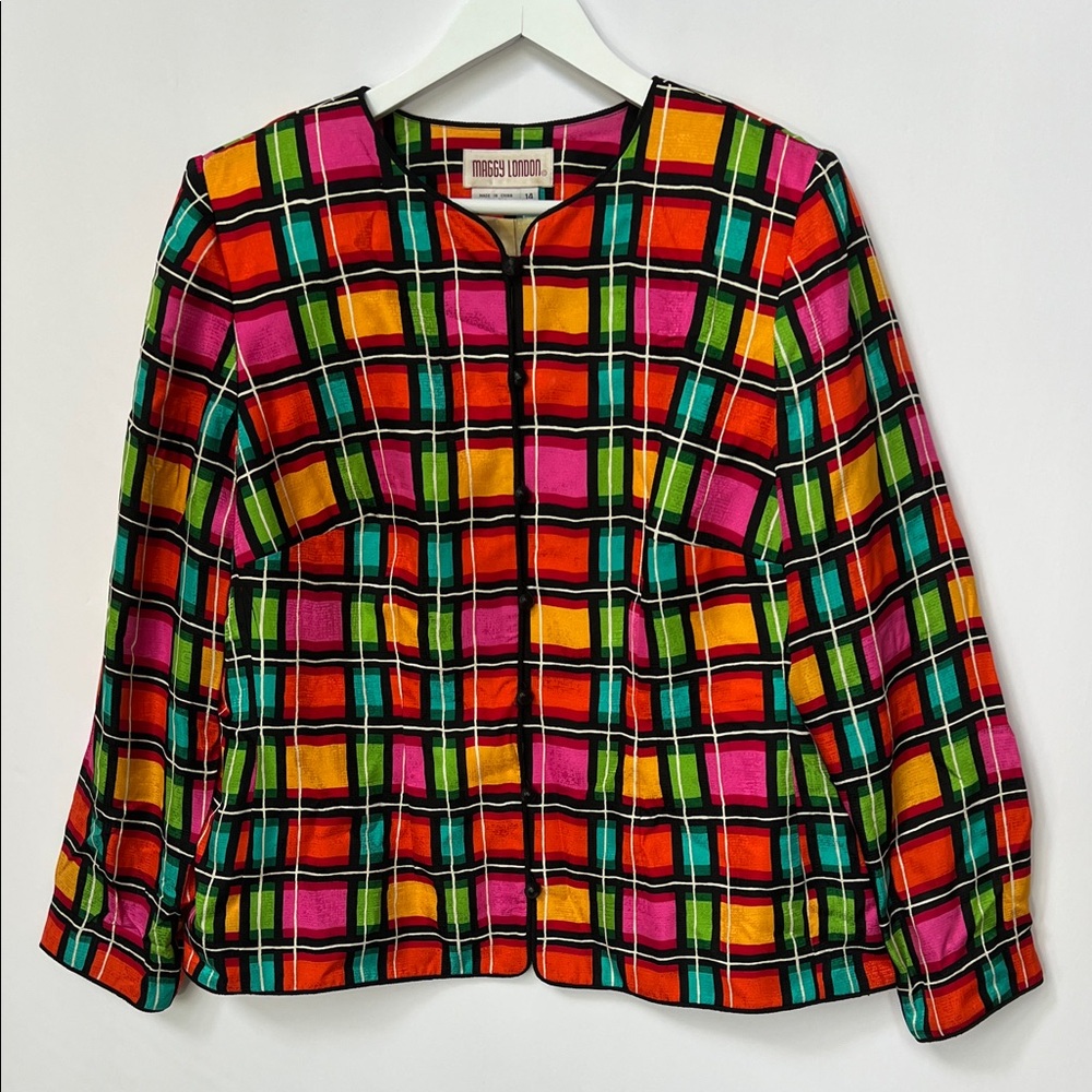 Maggy London Vintage 80’s 90’s 100% Silk Plaid  Crop Top Jacket Shoulder Pads 14